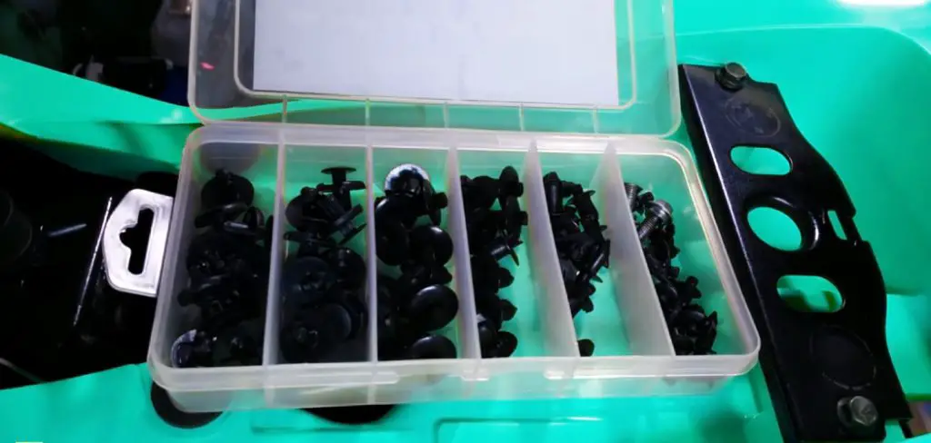 Many Plastic Push Rivets in a Plastic Box